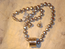 DOVE GREY - necklace of grey greshwater pearls, silver magnetic clasp earstuds & removable silver wrap